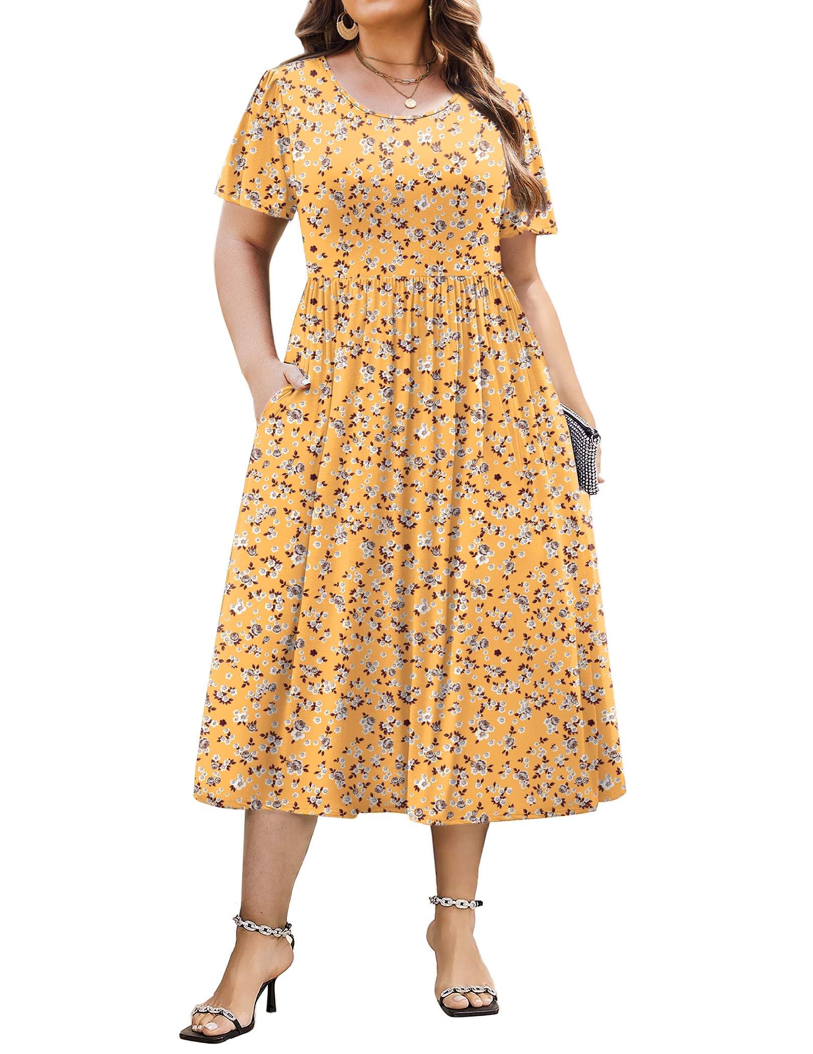 IN'VOLAND Women Plus Size Short Sleeve Dress Loose Summer Casual A-Line Flowy Midi Dresses with Pockets