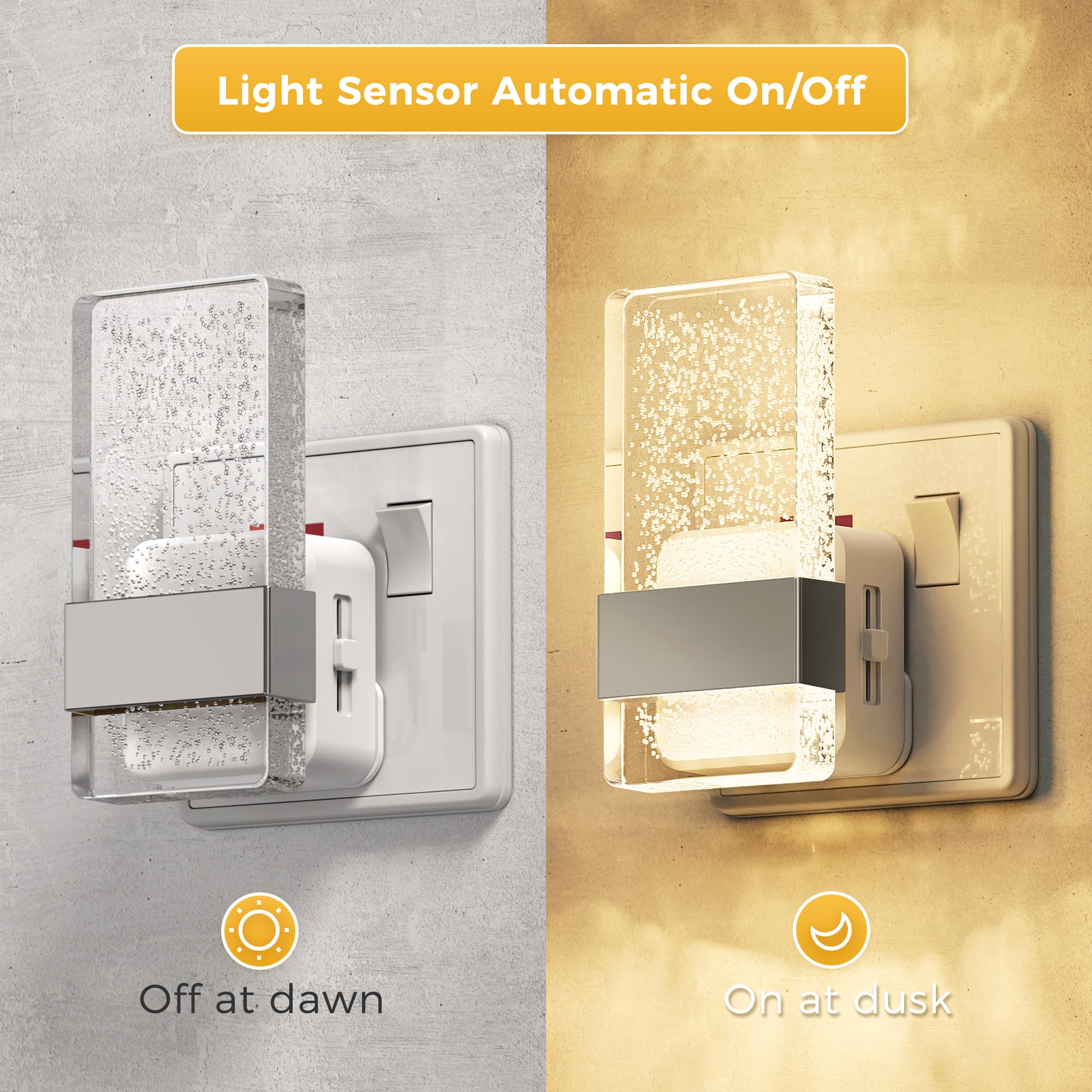 LOHAS-LED Night Light, Plug in Night Light with Dusk-to-Dawn Sensor, 10%/50%/100% LM Dimmable, Amber/ 3000K/5000K, Modern Nightlight Plug in Wall for Hallway, Bathroom, Stairway, 2 Pack