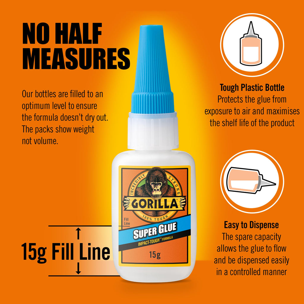 Gorilla Super Glue, 15g – All Purpose, Impact Tough & Fast Setting with Anti-Clog Cap Ideal for Metal, Ceramics, Leather & More