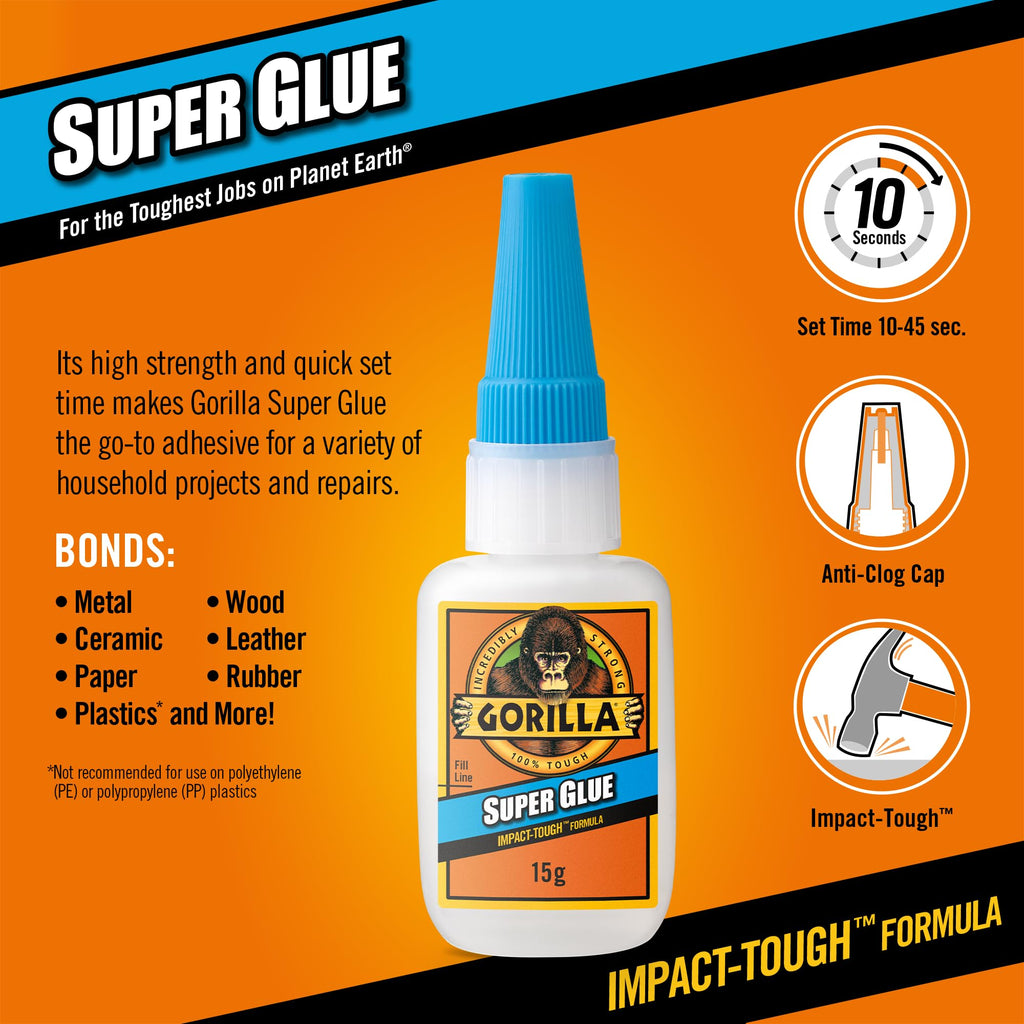 Gorilla Super Glue, 15g – All Purpose, Impact Tough & Fast Setting with Anti-Clog Cap Ideal for Metal, Ceramics, Leather & More
