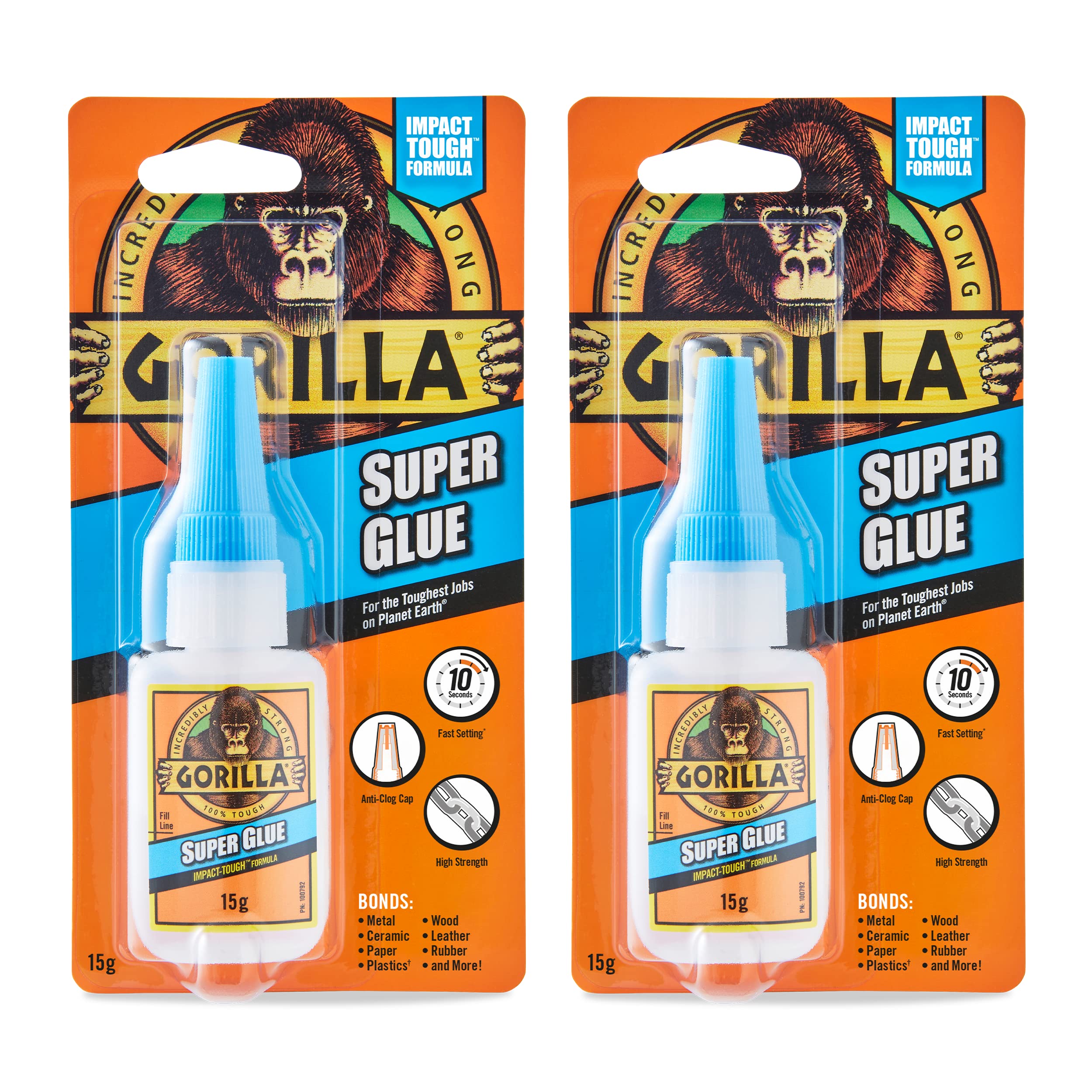 Gorilla Super Glue, 15g – All Purpose, Impact Tough & Fast Setting with Anti-Clog Cap Ideal for Metal, Ceramics, Leather & More